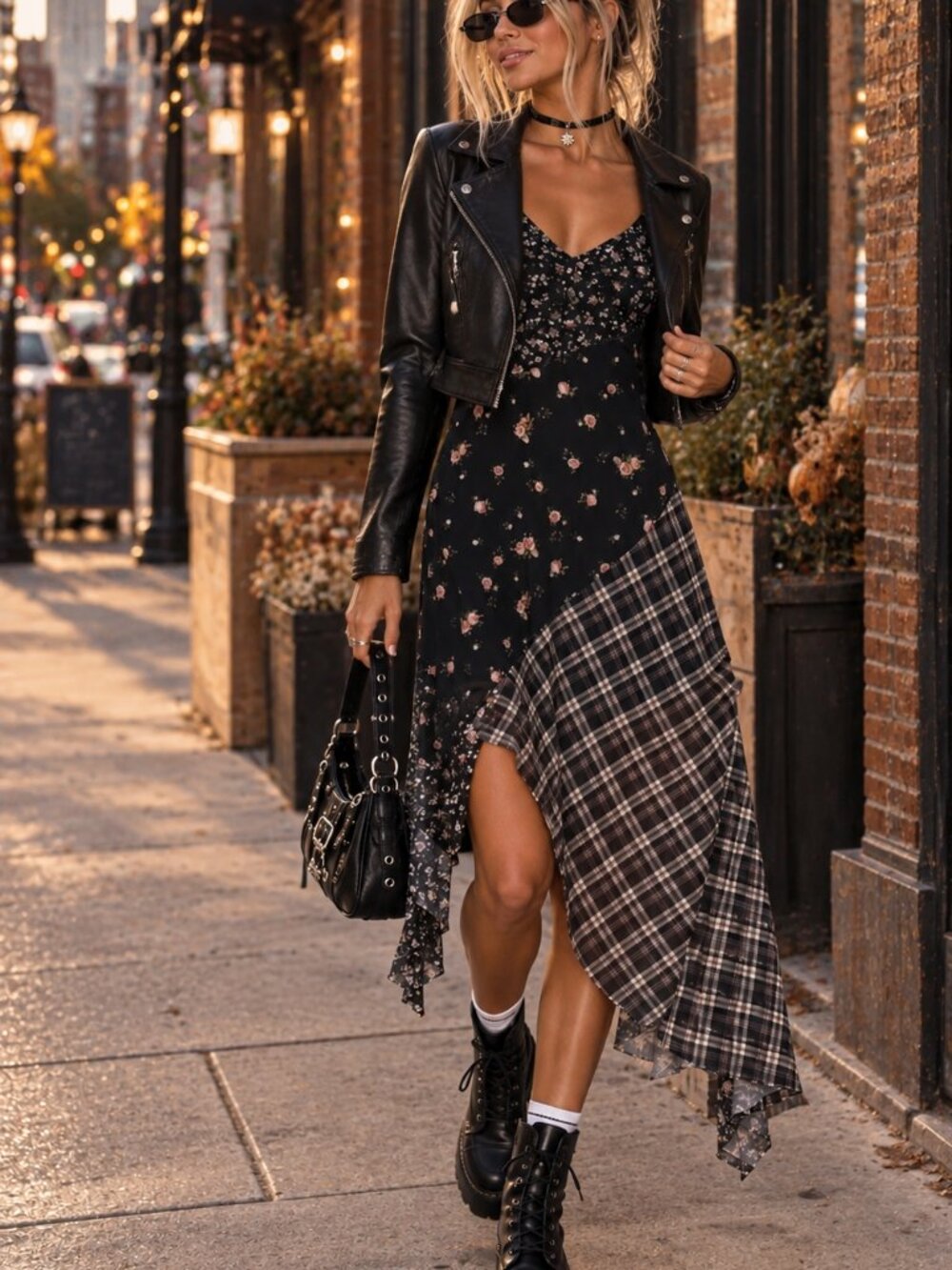 Y2K Black Floral Plaid Asymmetrical Midi Dress Grunge Fairycore Slip Dress